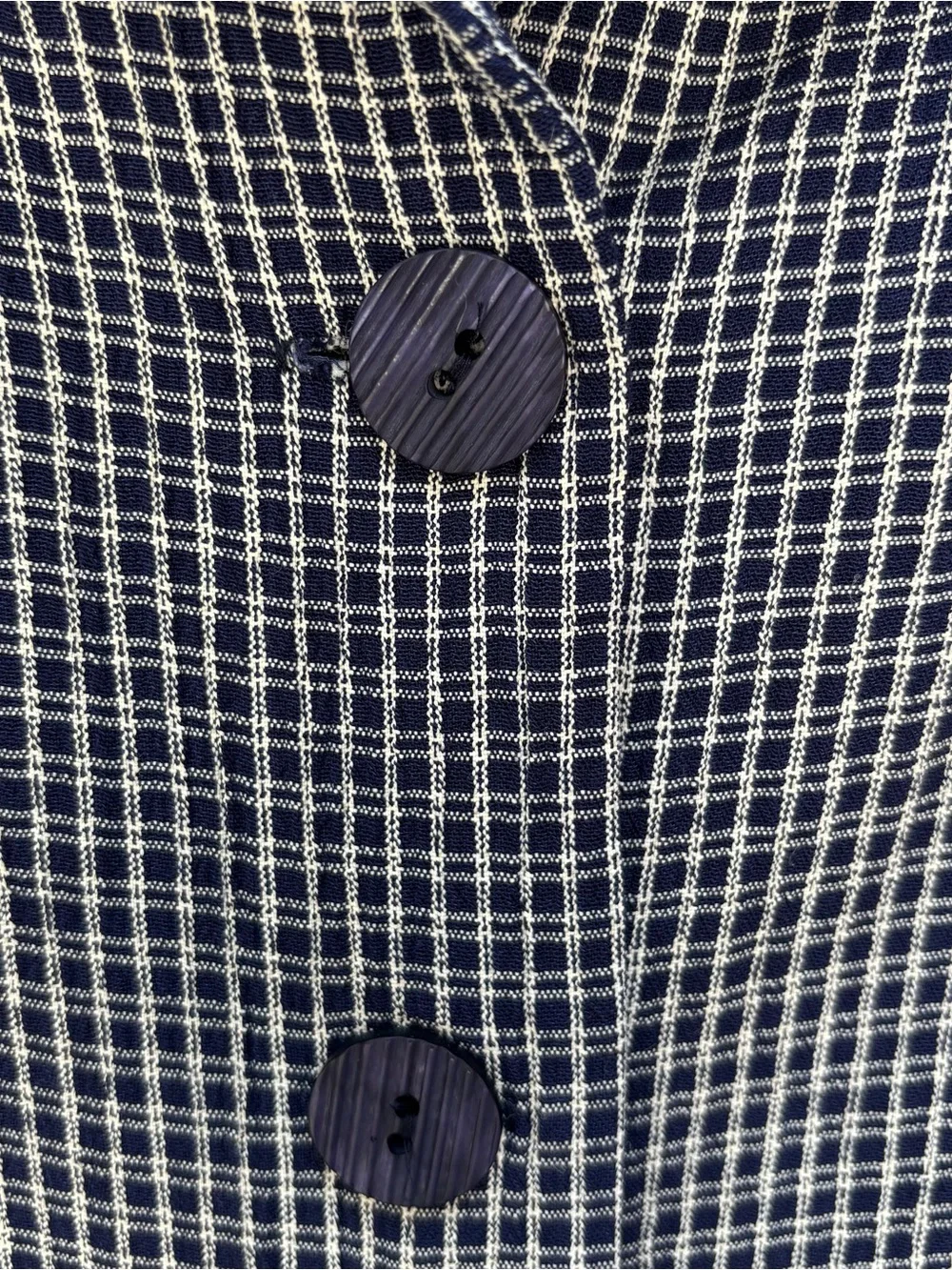 Vintage Ellen Figg Navy Check Button Front Blouse Top L Made USA